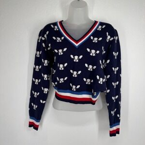 Forever 21 Womens Navy Blue French Bulldog Varsity Striped Trim‎ Sweater Large